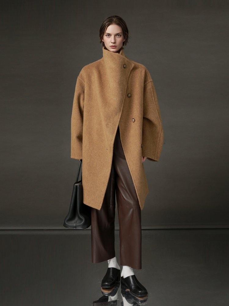 PIAOIN European collar design high-end double-sided wool tweed coat -BLOSSOM
