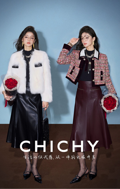 CHICHY retro socialite dark red leather long skirt-DAN