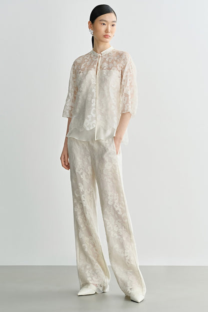COMME MOI Silk Embroidered Panelled Straight white Pants - ISAIAH.
