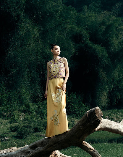 HECO Chinese Retro Style Embroidery Golden Dragon Stand-up Collar Vest Top  - QANT.