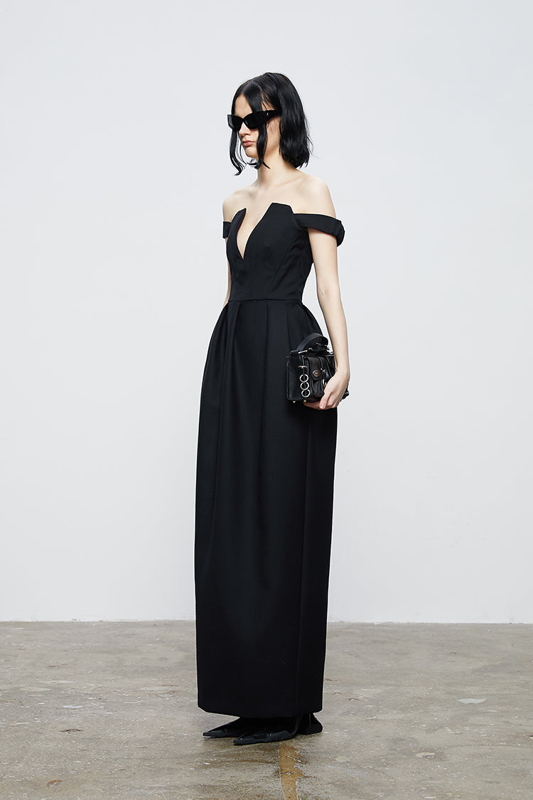 ANNAKIKI Niche Party Red Carpet Black V-Neck Bandeau Dress-CHAPELLE