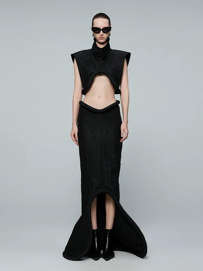 ANNAKIKI designer black slim skeet special-shaped long skirt-NICO