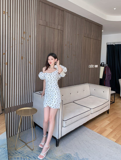 DOLLY Elegant White Off Shoulder Short Puff Sleeve Slim Fit Short Polka Dot Dress-MINA