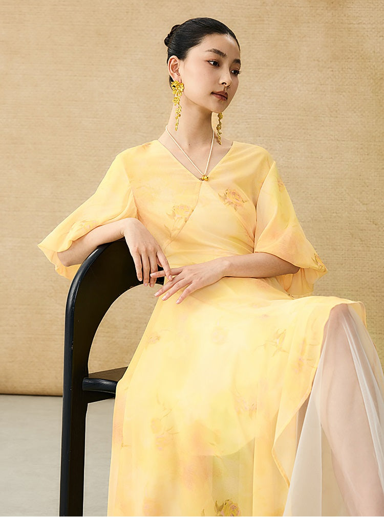 HECO Chinese Floral V-neck Asymmetric Hem Long Dress - DOMINION.