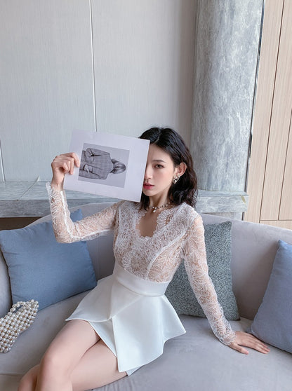 DOLLY Elegant White V-Neck Long Sleeve High Waist Peplum Short Date Dress-LOUIS