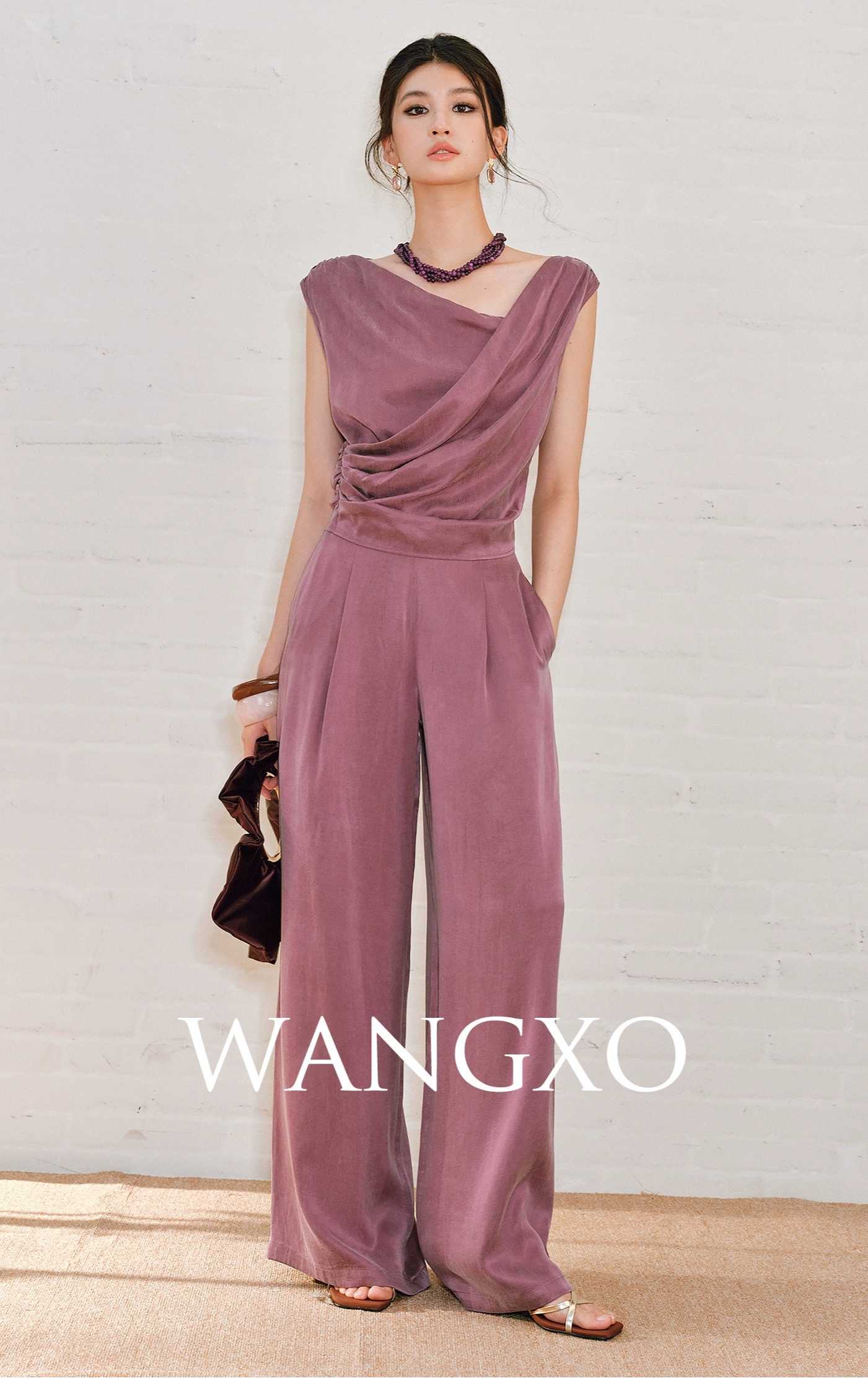 WANGXO | Sleek Cupro Asymmetrical Top and Highwaisted Pants Set -ELENORA.