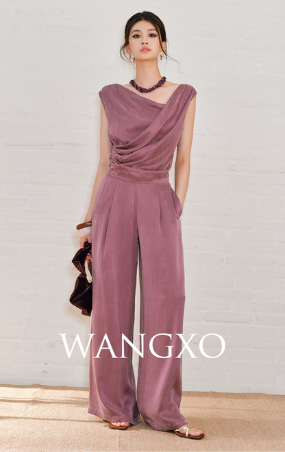 WANGXO | Sleek Cupro Asymmetrical Top and Highwaisted Pants Set -ELENORA.