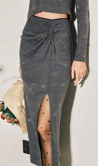 CHICHY French Grey Knitted V-Neck Slim Sweater Long Skirt Two-Piece Set-NANCY