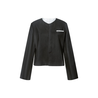 TUYUE blue gray round neck straight shoulders short casual blazer- STEPHEN