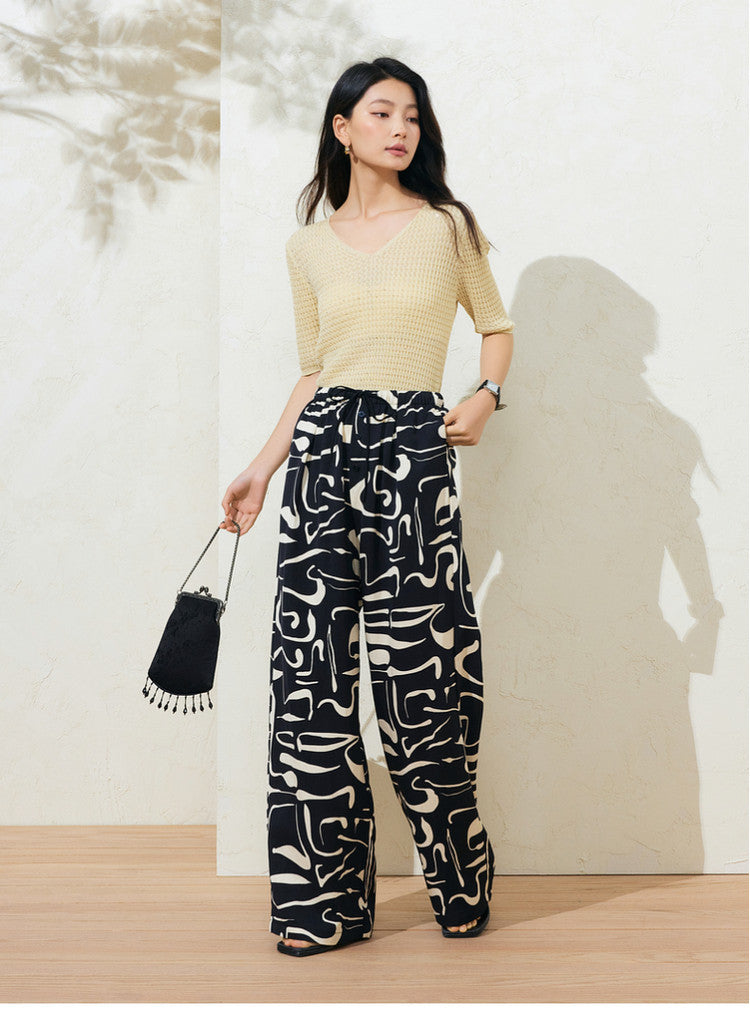 Sushe Neo-Bohemian Tencel linen print drawstring tie wide-leg slacks -JULIET