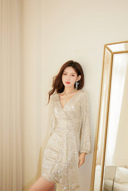DOLLY Luxury Bright Sequin V-Neck Long Sleeve Short Irregular Hem Dress-WILLOW