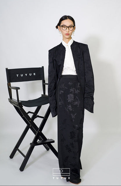TUYUE Black Weave Stand Collar Slim Blazer - PRECIOUS.