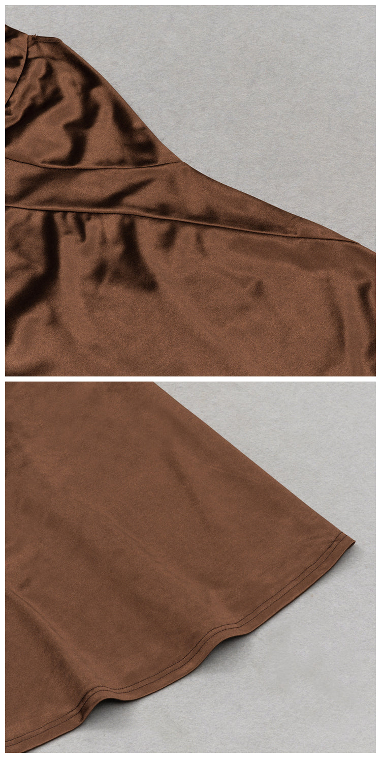 DOLLY Elegant Brown Sleeveless Satin Slim Fit Hip Hug Long Dinner Dress-CRESSIDA