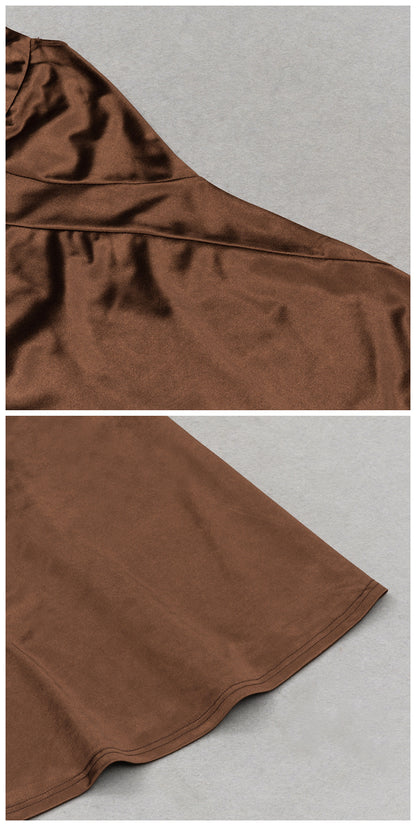 DOLLY Elegant Brown Sleeveless Satin Slim Fit Hip Hug Long Dinner Dress-CRESSIDA