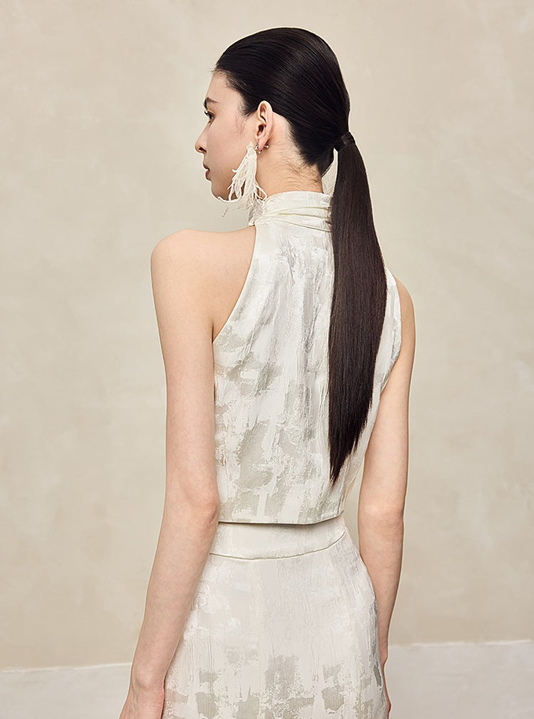 HECO Jacquard Cross Slit Pile Collar Red White Purple Crop Top Women - WORSHIP.