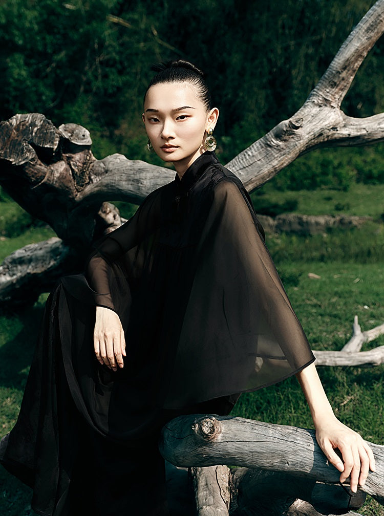 HECO [Feng Wu Clear Sleeves] New Chinese Standing Collar Buckle Flowing Dress- CLOAK.