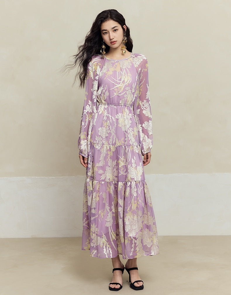 HECO silk peony burnt flower pendulum long-sleeved dress women - healer.