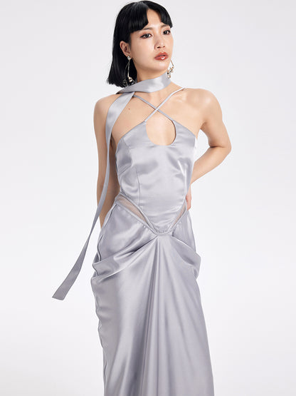 TINY IN satin irregular slip sleeveless hip pleated long dress -KING