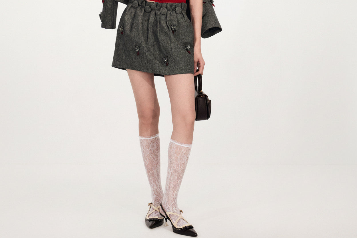 FAME Three-Dimensional Bow Flower Beaded Box-Type Wide Short Skirt - AIDEN.