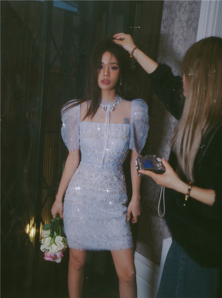 Wardrobes by Chen Luxury Blue Embroidered Crystal Pearl Dress-Bukky