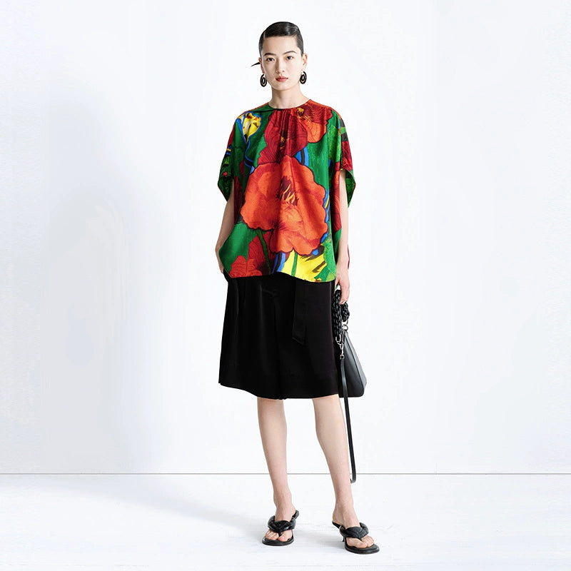 ZHUCHONGYUN Black Fashion Simple Pleated Design Loose Adjustable Short Pants-MITSUKI.