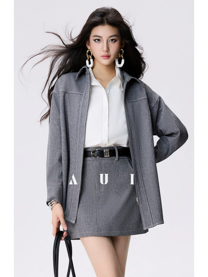 AUI Grey Zippered Lapel Jacket A-Line Hip Skirt Two-Piece Set - Choon-Hee.