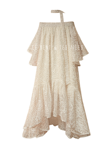 LE VENT&TES AILES Luxury off-Shoulder Lace Jacquard 3d Detailing white Dress- ZORA