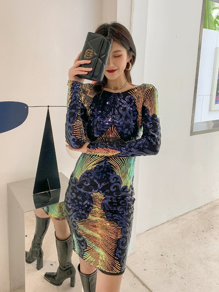 DOLLY Elegant Crew Neck Long Sleeve Slim Fit Short Sequin Party Dress-CONNIE
