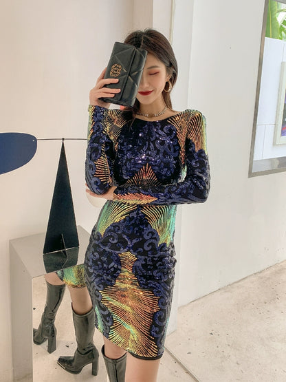 DOLLY Elegant Crew Neck Long Sleeve Slim Fit Short Sequin Party Dress-CONNIE