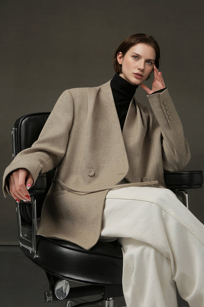 PIAOIN light style shoulder shirring elegant V-neck suit women's waist blazer-FATE