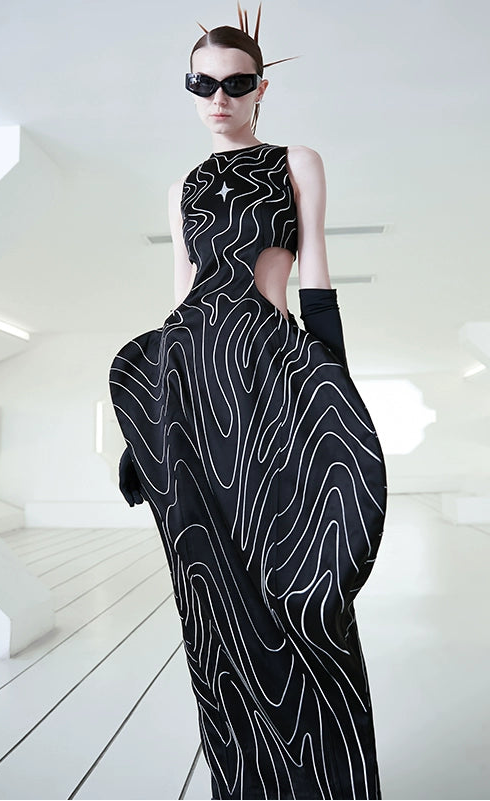 ANNAKIKI  triacetic fractal wave embroidered long dress-JINGCHU.
