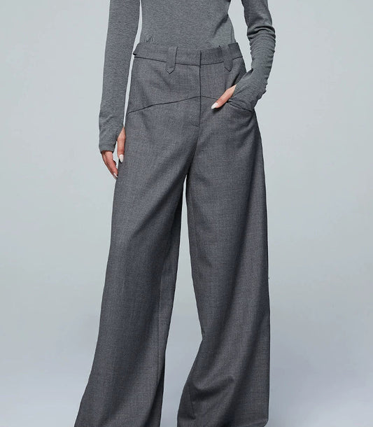 ANNAKIKI Gray Worsted Wool Wide-leg Pants Casual Pants-DEMI