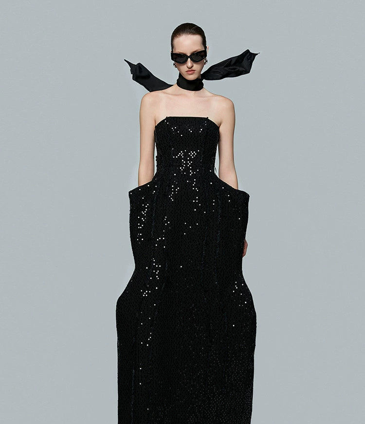 ANNAKIKI niche black beaded raw edge denim sleeveless dress-GUYTON