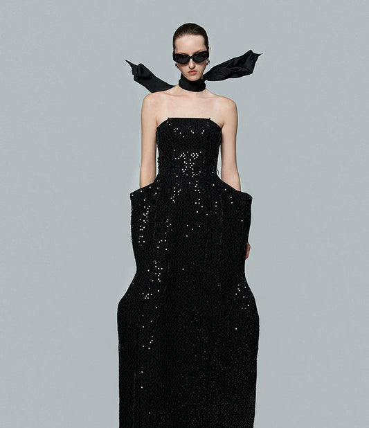 ANNAKIKI niche black beaded raw edge denim sleeveless dress-GUYTON