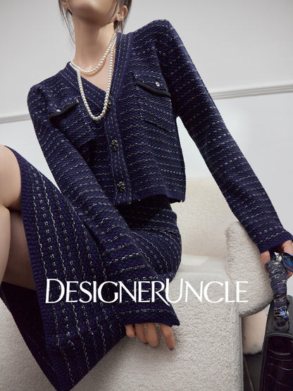 DGU|Royal Blue SSmall Fragrance V-Neck Elegant Knitted Top Two-Piece Set.