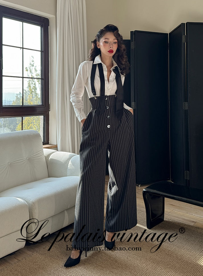 Le Palais Vintage  Black and White Striped Slim Short Jacket Wide/leg Pants-DIO.