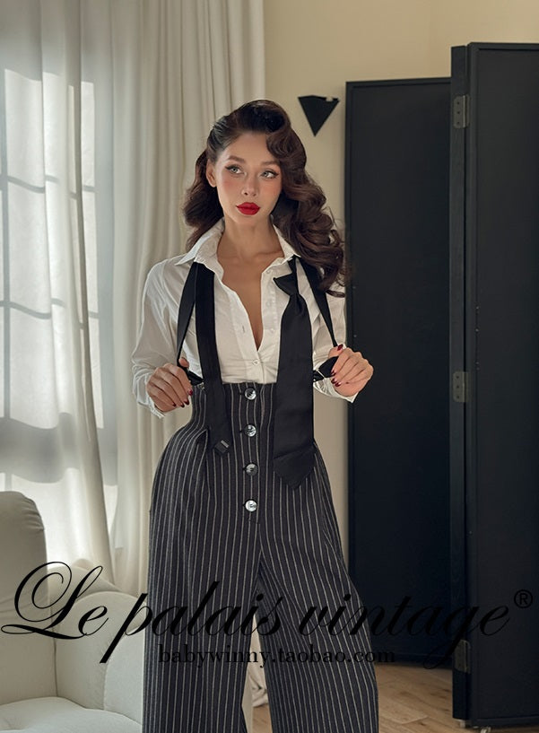Le Palais Vintage  Black and White Striped Slim Short Jacket Wide/leg Pants-DIO.