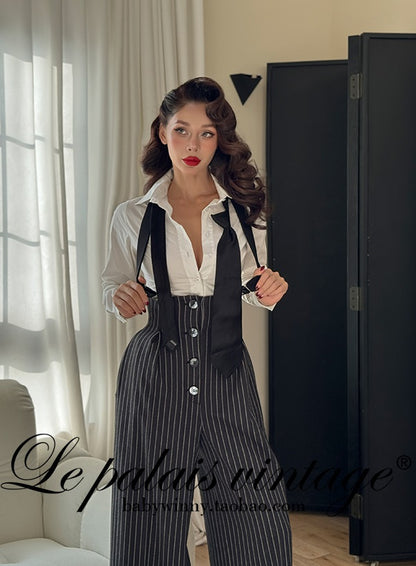 Le Palais Vintage  Black and White Striped Slim Short Jacket Wide/leg Pants-DIO.