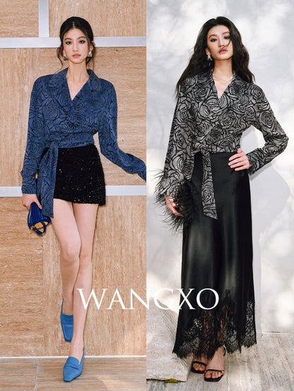 WANGXO | Rose Embossed Georgette with Cut Flowers Long Sleeve Cropped Shirt-SENA.