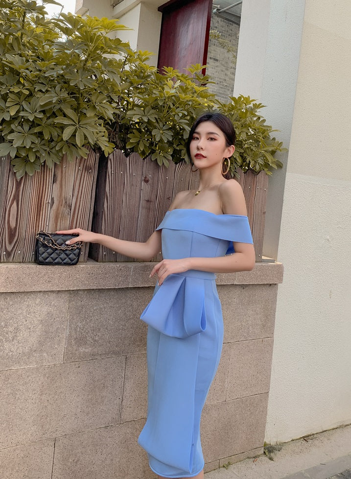 DOLLY Elegant Blue Sleeveless Off Shoulder Chest Wrap Midi Dinner Dress-DARA