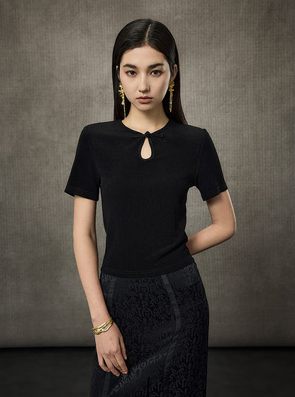 HECO Acetate Knit Buckle Cool Crop Short Sleeve Top - ENGAGE.