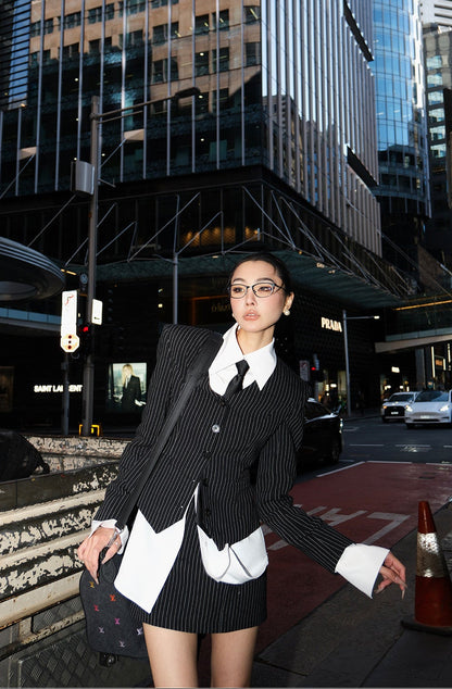 MEI SANGUAN Striped Slim Skirt Suit & Shirt Four-Piece Set - ASTRA
