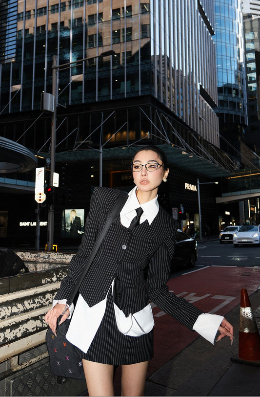 MEI SANGUAN Striped Slim Skirt Suit & Shirt Four-Piece Set - ASTRA