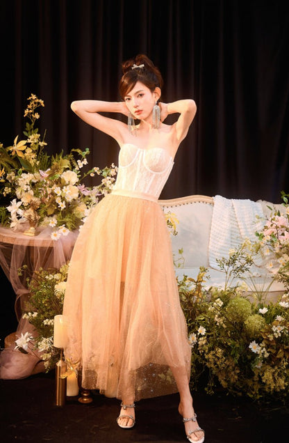 DOLLY Elegant Fake Two Piece Sleeveless Tube Top Sequin Long Dress-POLA