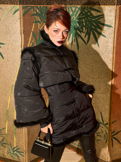 Le Palais Vintage Luxury Retro Black Cotton Short Fur Jacket + High Waist Skirt-Carla