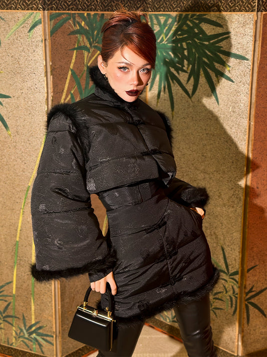 Le Palais Vintage Luxury Retro Black Cotton Short Fur Jacket + High Waist Skirt-Carla