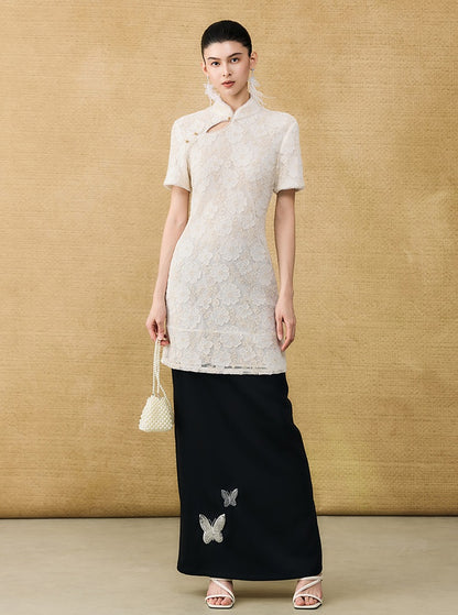 HECO Chinese style short-sleeved embossed flower summer cut-out short dress- TEMIRO.