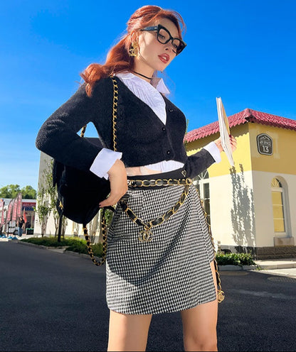 Le Palais Vintage Original Irregular Long Woolen Houndstooth Skirt - Mma.