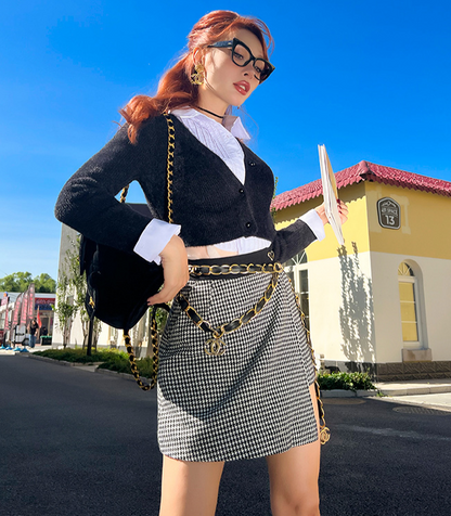 Le Palais Vintage Original Retro Irregular Long Woolen Houndstooth Skirt- VERA.