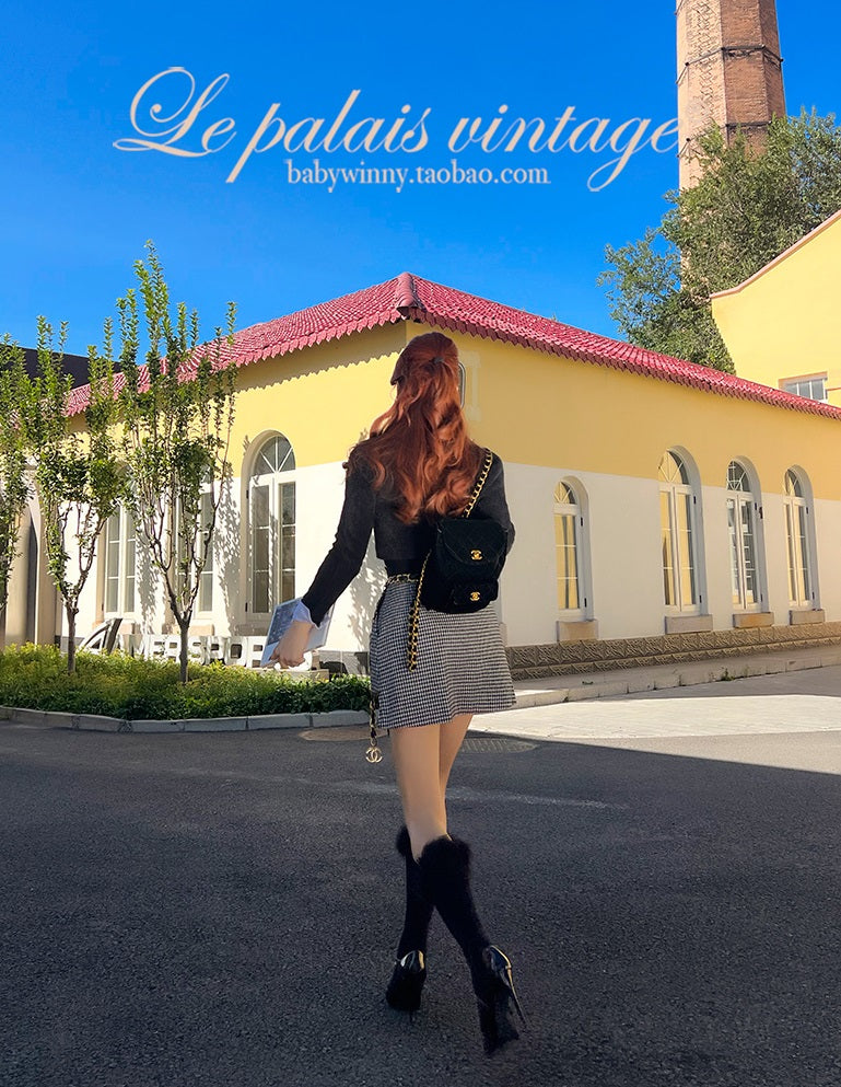 Le Palais Vintage Original Irregular Long Woolen Houndstooth Skirt - Mma.
